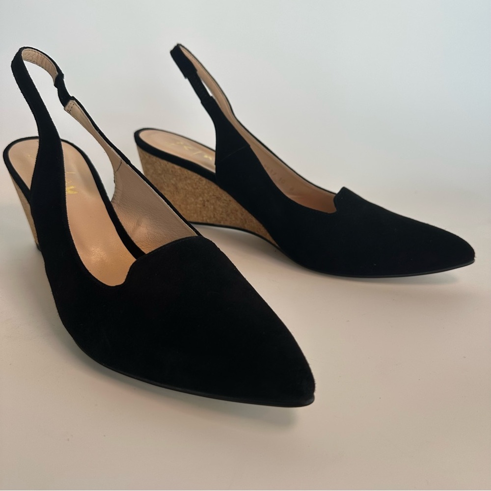 French Sole FS/NY Suede Black Slingback Cork Wedge Heels Size 10 - Picture 2 of 10